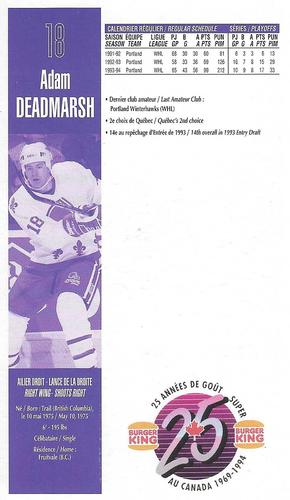 1994-95 Burger King Quebec Nordiques #NNO Adam Deadmarsh Back