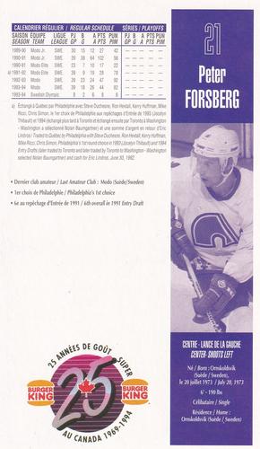 1994-95 Burger King Quebec Nordiques #NNO Peter Forsberg Back