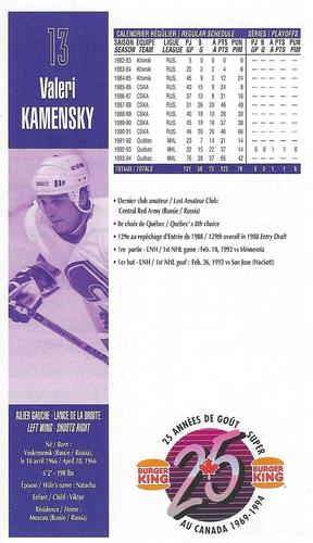1994-95 Burger King Quebec Nordiques #NNO Valeri Kamensky Back