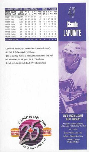 1994-95 Burger King Quebec Nordiques #NNO Claude Lapointe Back
