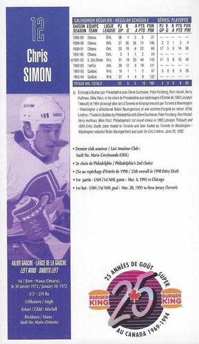 1994-95 Burger King Quebec Nordiques #NNO Chris Simon Back