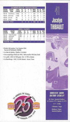 1994-95 Burger King Quebec Nordiques #NNO Jocelyn Thibault Back