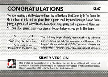 2015-16 In The Game Final Vault - 2013-14 In The Game-Used - Stat Leaders Triple Jerseys Silver (Blue Vault Stamp) #SL-07 Raymond Bourque / Marcel Dionne / Al MacInnis Back