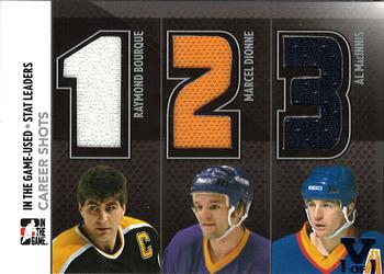 2015-16 In The Game Final Vault - 2013-14 In The Game-Used - Stat Leaders Triple Jerseys Silver (Blue Vault Stamp) #SL-07 Raymond Bourque / Marcel Dionne / Al MacInnis Front