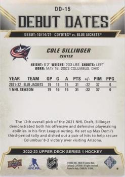 2022-23 Upper Deck - Debut Dates Gold #DD-15 Cole Sillinger Back