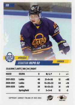 2022-23 Cardset Finland #108 Sebastian Repo Back