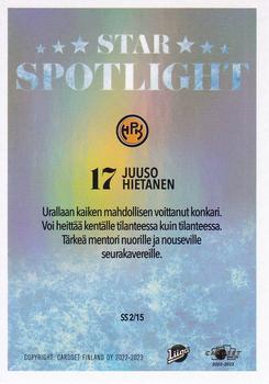 2022-23 Cardset Finland - Star Spotlight #SS 2 Juuso Hietanen Back