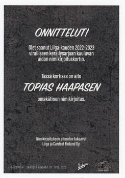 2022-23 Cardset Finland - Signature #NNO Topias Haapanen Back