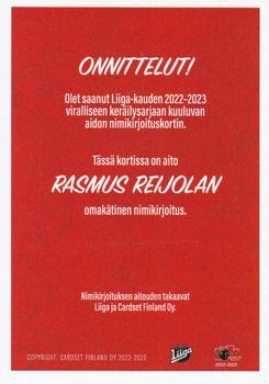 2022-23 Cardset Finland - Signature #NNO Rasmus Reijola Back