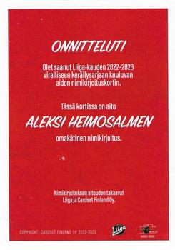 2022-23 Cardset Finland - Signature Limited Edition #NNO Aleksi Heimosalmi Back