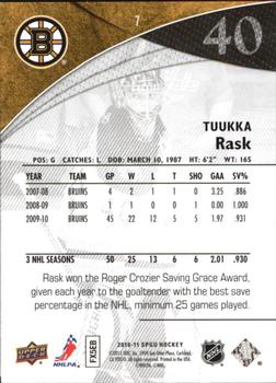2010-11 SP Game Used #7 Tuukka Rask  Back