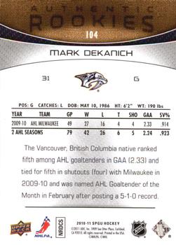 2010-11 SP Game Used #104 Mark Dekanich  Back