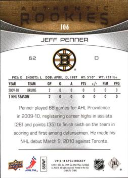 2010-11 SP Game Used #106 Jeff Penner  Back