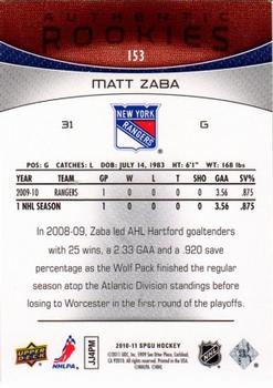 2010-11 SP Game Used #153 Matt Zaba  Back