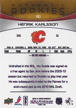 2010-11 SP Game Used #183 Henrik Karlsson  Back