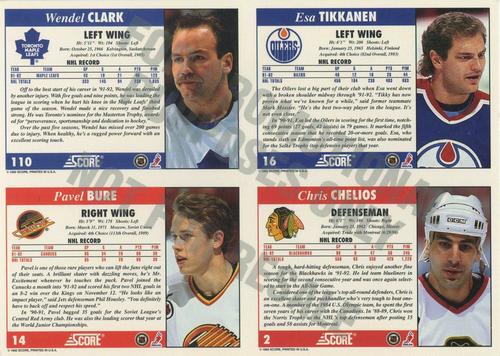 1992-93 Score - Sample Sheets #2 / 14 / 16 / 110 Chris Chelios / Pavel Bure / Esa Tikkanen / Wendel Clark Back