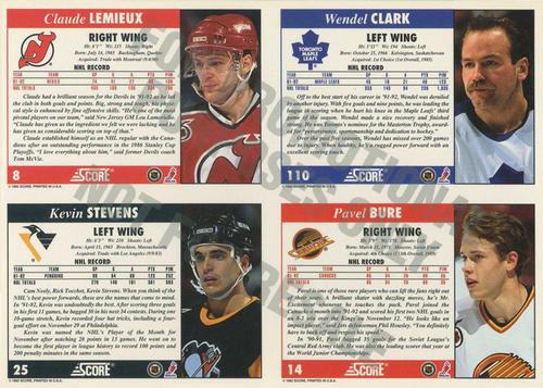 1992-93 Score - Sample Sheets #8 / 14 / 25 / 110 Claude Lemieux / Pavel Bure / Kevin Stevens / Wendel Clark Back