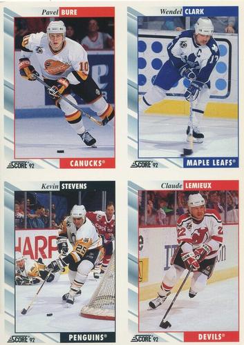 1992-93 Score - Sample Sheets #8 / 14 / 25 / 110 Claude Lemieux / Pavel Bure / Kevin Stevens / Wendel Clark Front