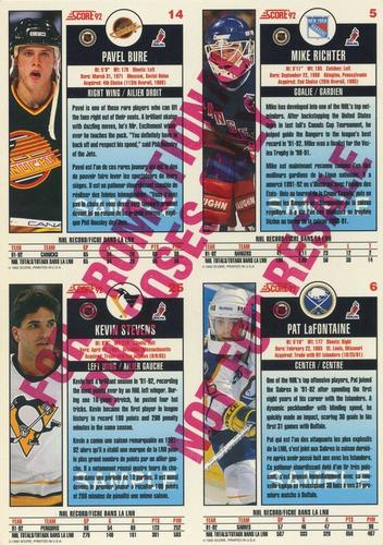 1992-93 Score Canadian - Sample Sheets #5 / 6 / 14 / 25 Mike Richter / Pat Lafontaine / Pavel Bure / Kevin Stevens Back