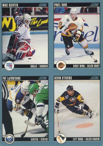 1992-93 Score Canadian - Sample Sheets #5 / 6 / 14 / 25 Mike Richter / Pat Lafontaine / Pavel Bure / Kevin Stevens Front