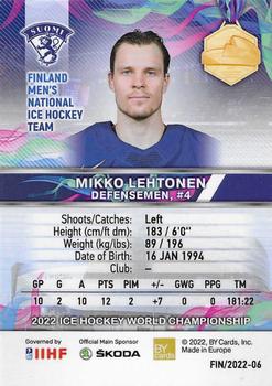 2022 BY Cards IIHF World Championship #FIN/2022-06 Mikko Lehtonen Back