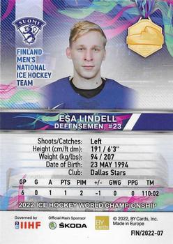 2022 BY Cards IIHF World Championship #FIN/2022-07 Esa Lindell Back