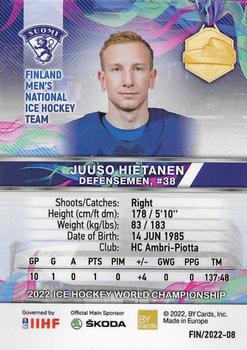 2022 BY Cards IIHF World Championship #FIN/2022-08 Juuso Hietanen Back
