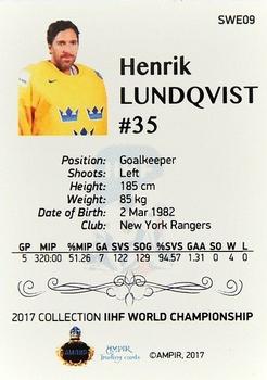 2016-17 AMPIR IIHF World Championship #SWE09 Henrik Lundqvist Back