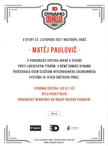 2021 Legendary Cards Dynamo děkuje - Expo 2022 #DD-15 Matej Paulovic Back