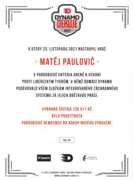 2021 Legendary Cards Dynamo děkuje - Signature Expo 2022 #DD-15 Matej Paulovic Back