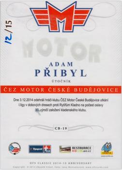 2014-15 CEZ Motor Ceske Budejovice - Signature #CB-19 Adam Pribyl Back