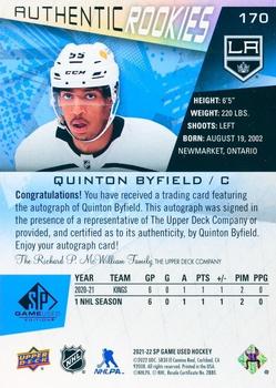 2021-22 SP Game Used - Blue Auto #170 Quinton Byfield Back
