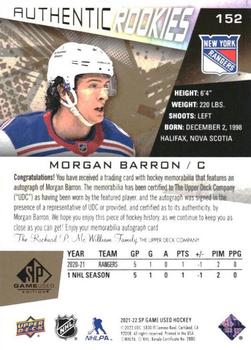 2021-22 SP Game Used - Gold Auto Jersey #152 Morgan Barron Back