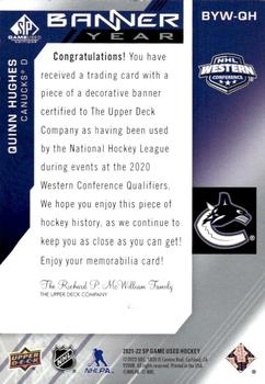 2021-22 SP Game Used - 2021 NHL Western Conference Banner Year Relics #BYW-QH Quinn Hughes Back