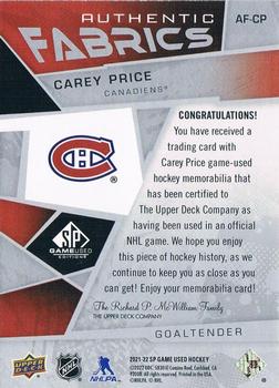 2021-22 SP Game Used - Authentic Fabrics #AF-CP Carey Price Back
