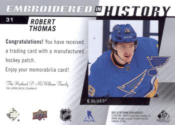 2021-22 SP Game Used - Embroidered in History #31 Robert Thomas Back