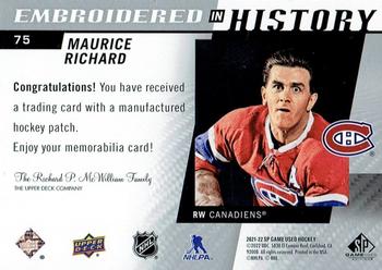 2021-22 SP Game Used - Embroidered in History #75 Maurice Richard Back
