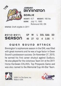 2010-11 In The Game Heroes and Prospects #175 Jordan Binnington Back