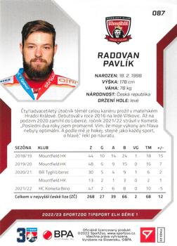 2022-23 SportZoo Tipsport ELH #87 Radovan Pavlík Back