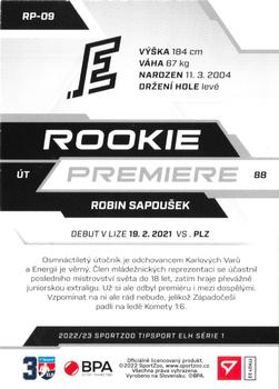 2022-23 SportZoo Tipsport ELH - Rookie Premier Limited Blue #RP-09 Robin Sapousek Back