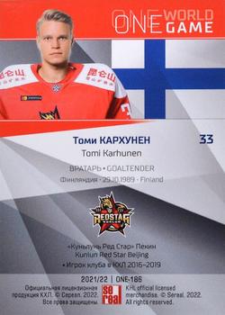 2021-22 Sereal KHL One World One Game Platinum Collection #ONE-186 Tomi Karhunen Back