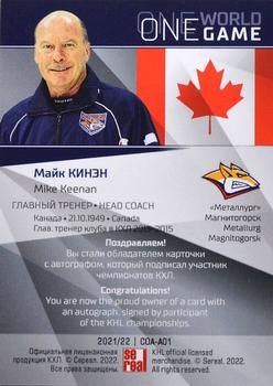 2021-22 Sereal KHL One World One Game Platinum Collection - Autograph Coach #COA-A01 Mike Keenan Back