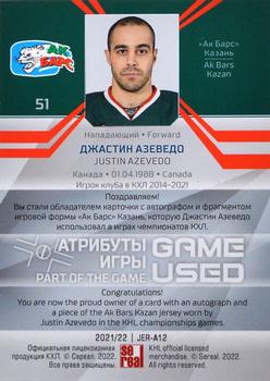 2021-22 Sereal KHL One World One Game Platinum Collection - Game-Used Jersey Swatch Auto #JER-A12 Justin Azevedo Back