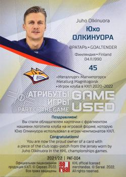 2021-22 Sereal KHL One World One Game Platinum Collection - Game-Used Jersey Logo Patch #PAT-004 Juho Olkinuora Back
