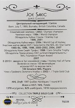 2020 AMPIR Triple Gold Club (Unlicensed) #TGC05 Joe Sakic Back