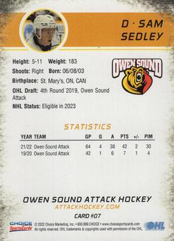 2022-23 Choice Owen Sound Attack (OHL) #7 Sam Sedley Back