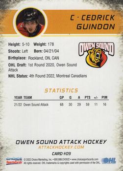 2022-23 Choice Owen Sound Attack (OHL) #9 Cedrick Guindon Back