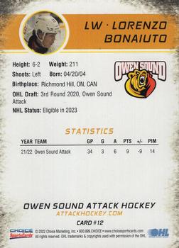 2022-23 Choice Owen Sound Attack (OHL) #12 Lorenzo Bonaiuto Back