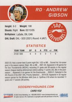 2022-23 Choice Sault Ste. Marie Greyhounds (OHL) #2 Andrew Gibson Back