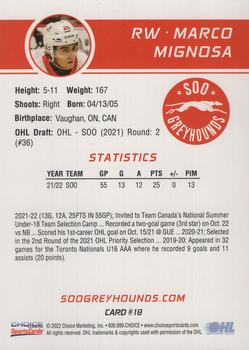 2022-23 Choice Sault Ste. Marie Greyhounds (OHL) #18 Marco Mignosa Back
